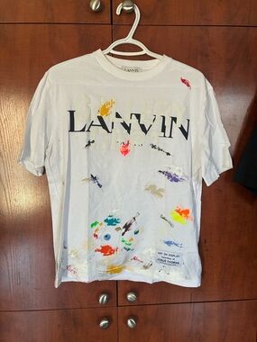 Lanvin White Crewneck T-Shirt with Multicolor Paint-Splash Accents